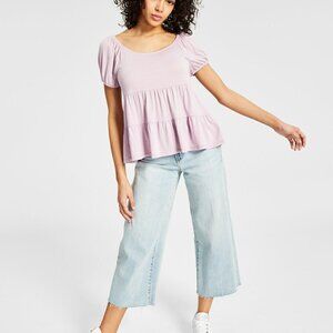 Hippie Rose Juniors Size Medium  Purple Puffed-Sleeve Tiered Babydoll Top NWT